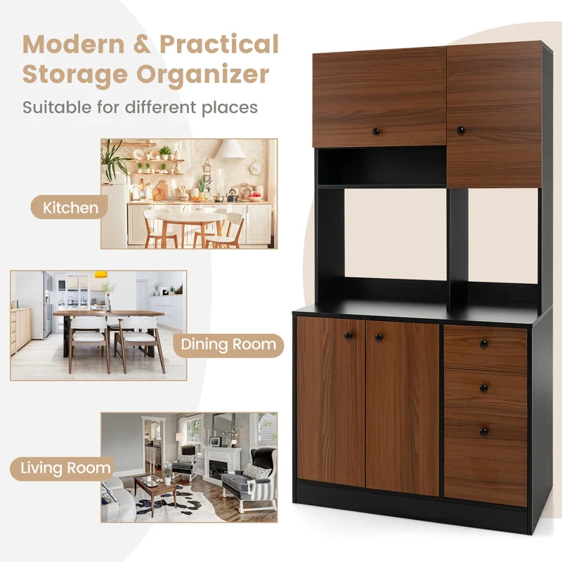 71 Inch Kitchen Pantry, 3 Cabinet 3 Drawer Storage, Black