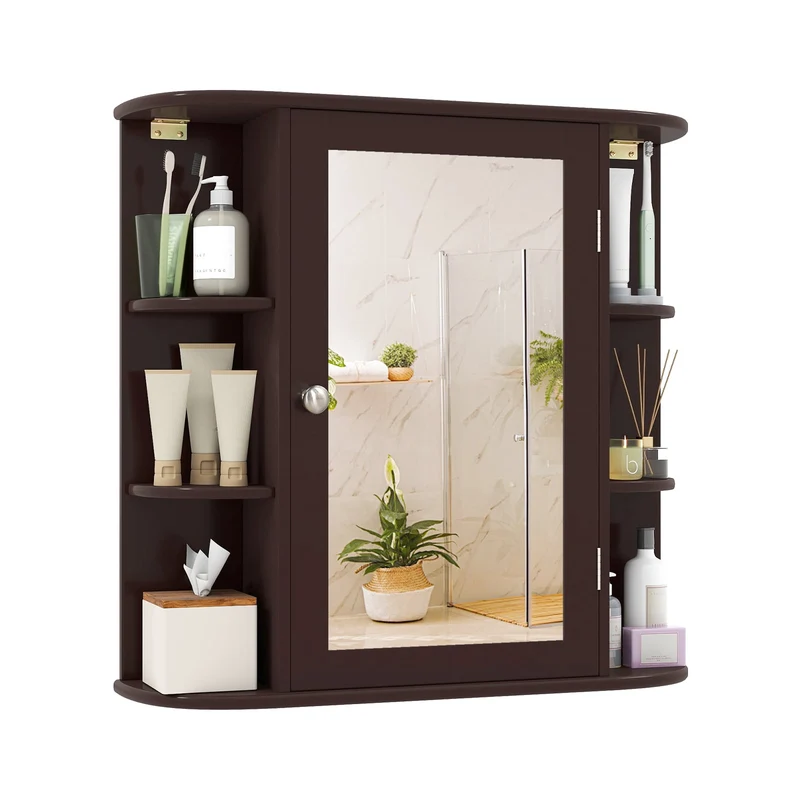 Wall Mounted Bathroom Mirror Cabinet With Storage Shelves, Brown