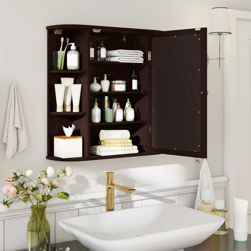 Wall Mounted Bathroom Mirror Cabinet With Storage Shelves, Brown