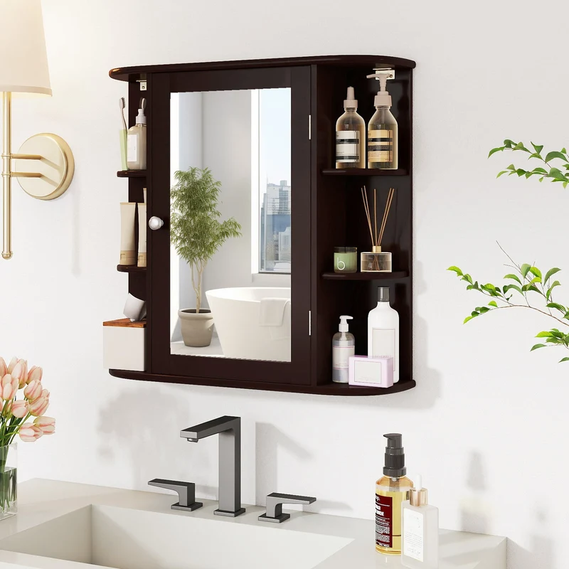 Wall Mounted Bathroom Mirror Cabinet With Storage Shelves, Brown