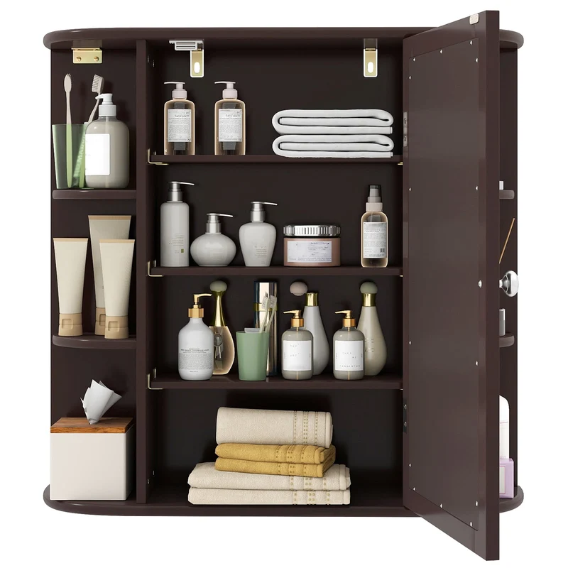 Wall Mounted Bathroom Mirror Cabinet With Storage Shelves, Brown