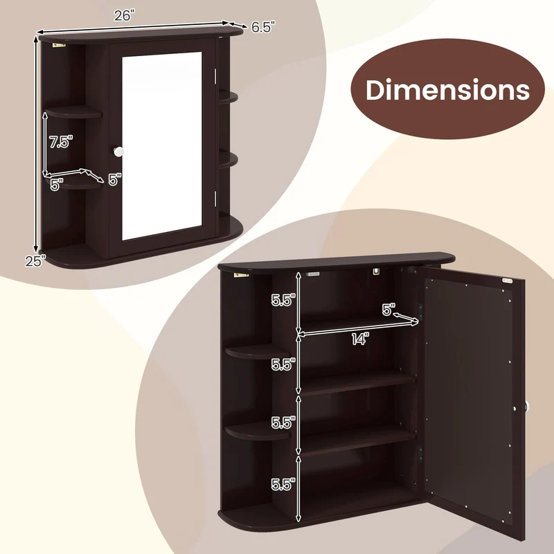 Wall Mounted Bathroom Mirror Cabinet With Storage Shelves, Brown