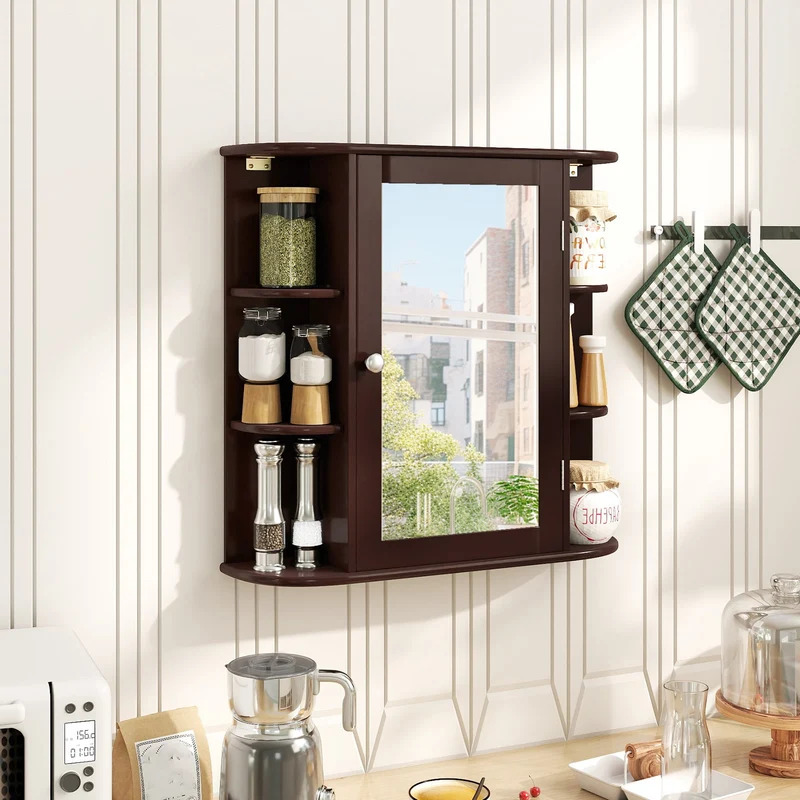 Wall Mounted Bathroom Mirror Cabinet With Storage Shelves, Brown