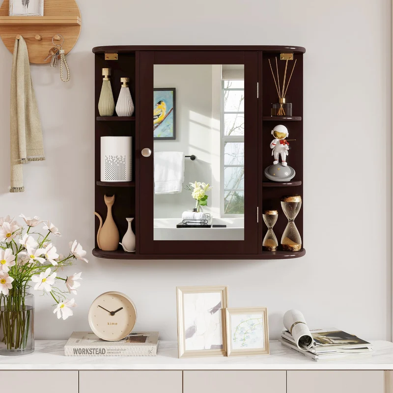 Wall Mounted Bathroom Mirror Cabinet With Storage Shelves, Brown