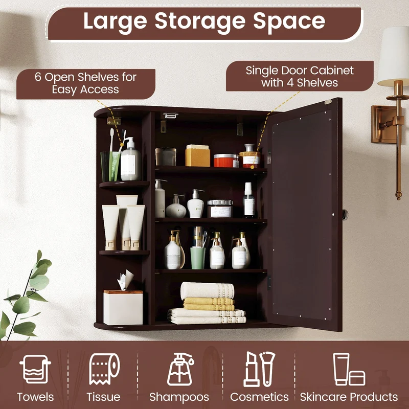 Wall Mounted Bathroom Mirror Cabinet With Storage Shelves, Brown