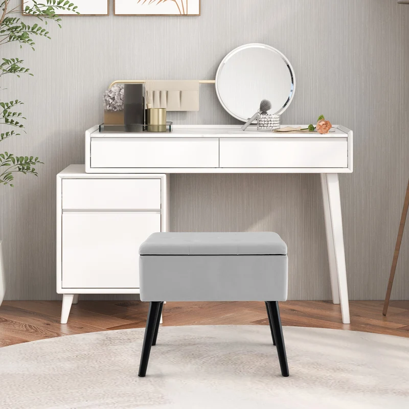 Velvet Storage Ottoman With Solid Wood Legs, Gray