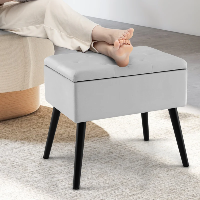 Velvet Storage Ottoman With Solid Wood Legs, Gray