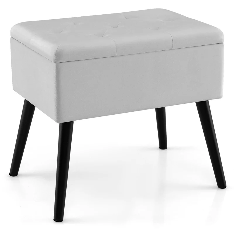 Velvet Storage Ottoman With Solid Wood Legs, Gray