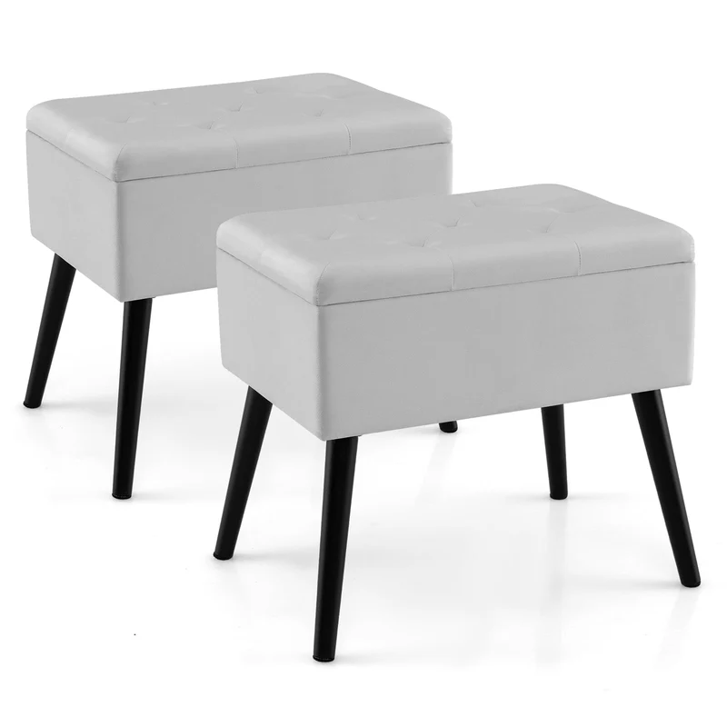 Velvet Storage Ottoman With Solid Wood Legs, Gray