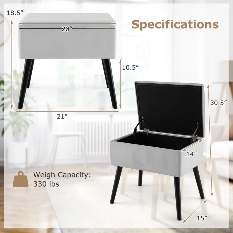 Velvet Storage Ottoman With Solid Wood Legs, Gray