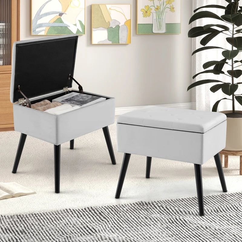 Velvet Storage Ottoman With Solid Wood Legs, Gray