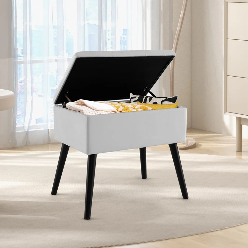 Velvet Storage Ottoman With Solid Wood Legs, Gray
