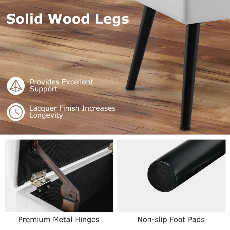 Velvet Storage Ottoman With Solid Wood Legs, Gray