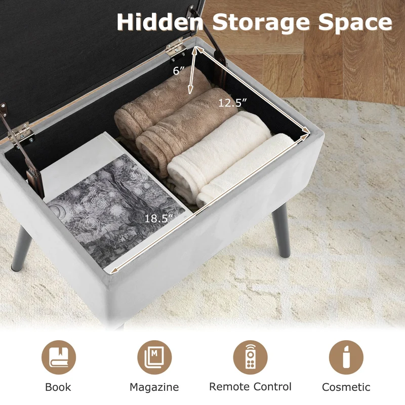 Velvet Storage Ottoman With Solid Wood Legs, Gray