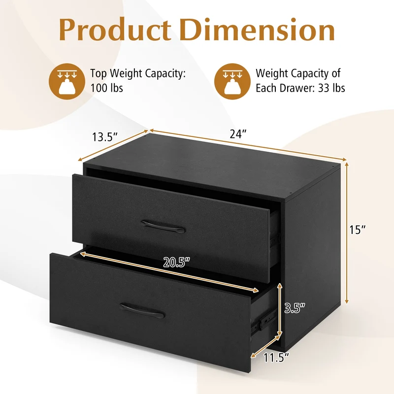 2-Drawer Stackable Horizontal Storage Cabinet, Black