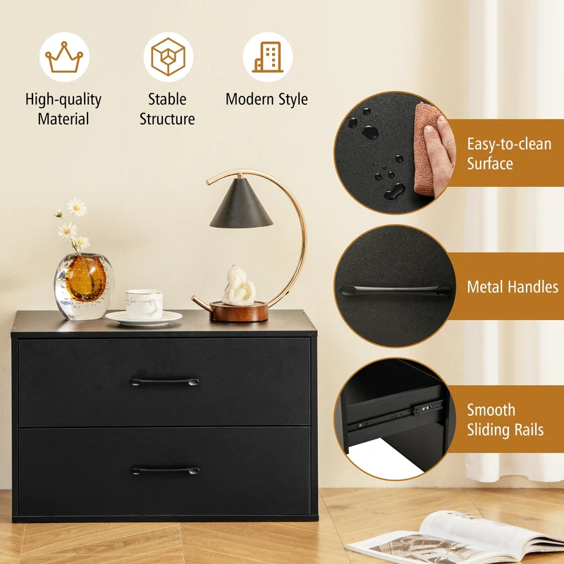 2-Drawer Stackable Horizontal Storage Cabinet, Black