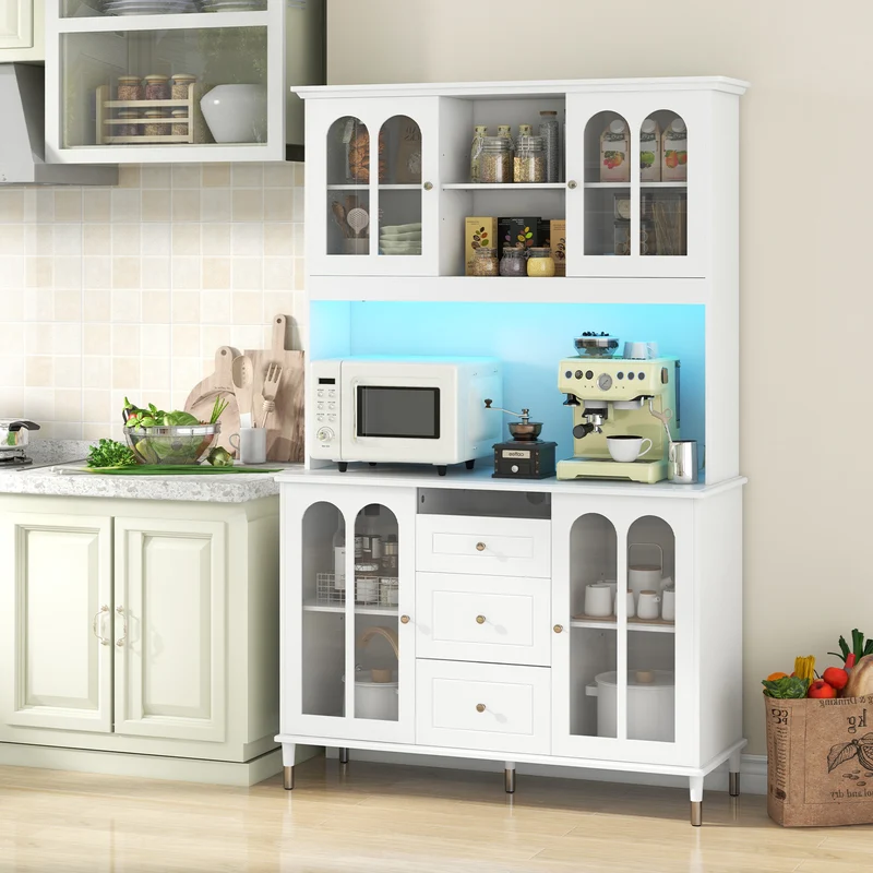 73 Inch Kitchen Pantry Storage Cabinet With LED Lights, White