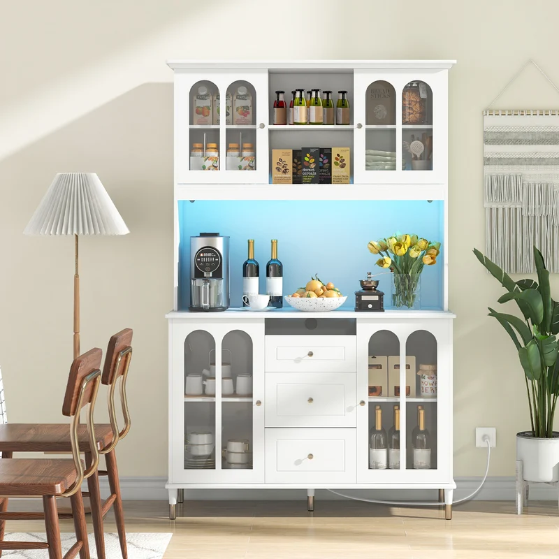 73 Inch Kitchen Pantry Storage Cabinet With LED Lights, White