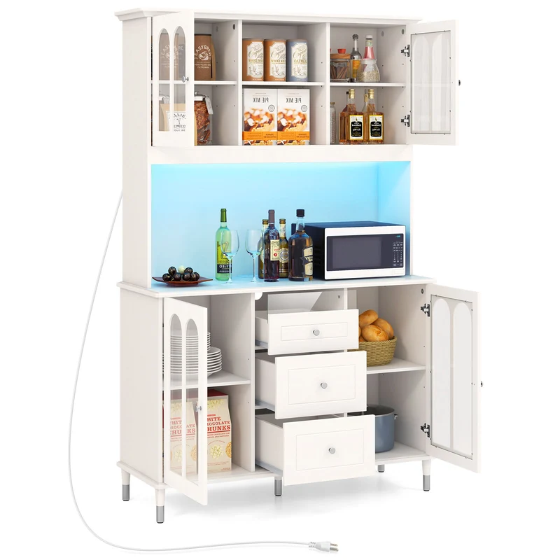 73 Inch Kitchen Pantry Storage Cabinet With LED Lights, White