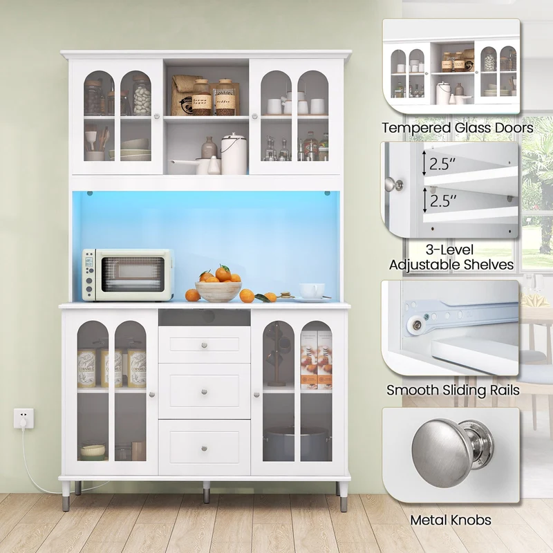 73 Inch Kitchen Pantry Storage Cabinet With LED Lights, White