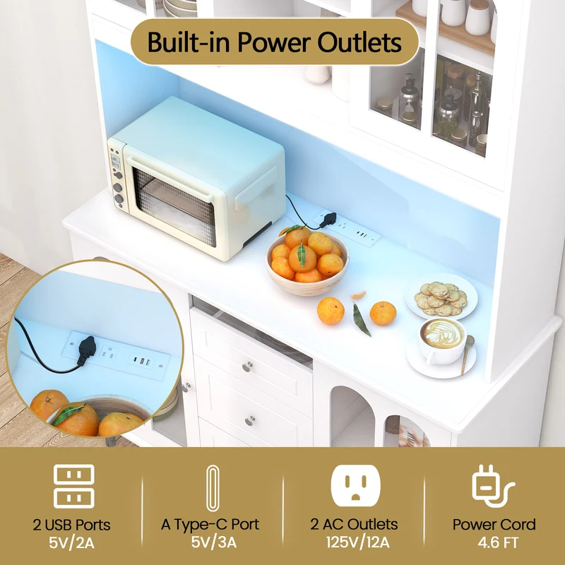 73 Inch Kitchen Pantry Storage Cabinet With LED Lights, White