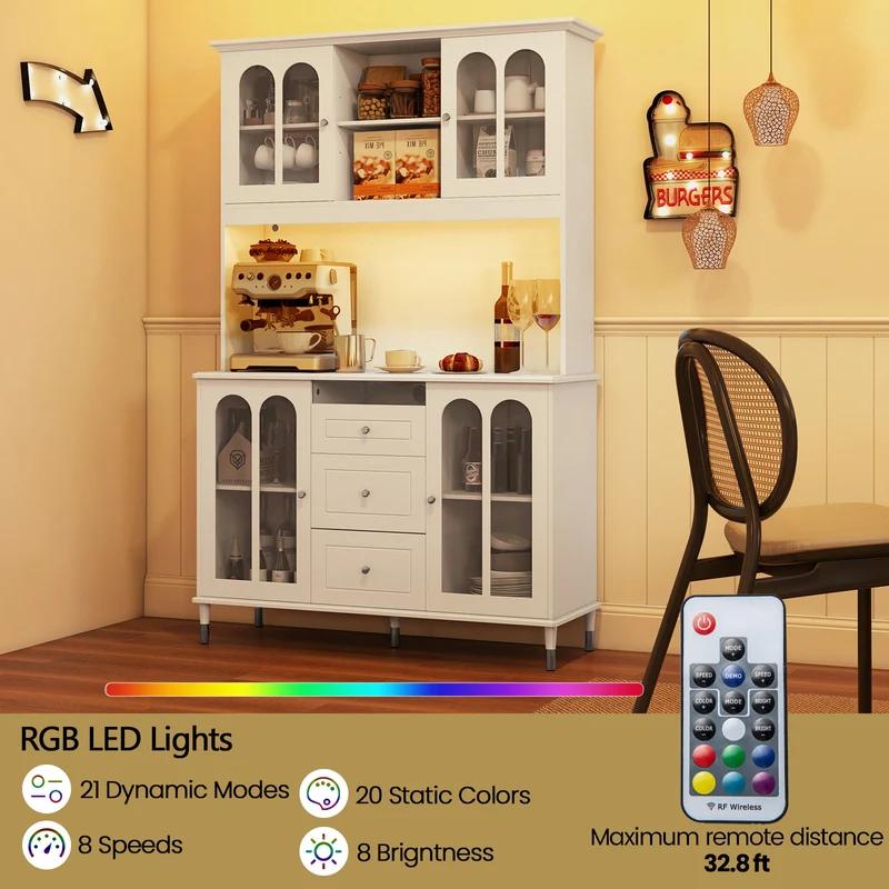 73 Inch Kitchen Pantry Storage Cabinet With LED Lights, White