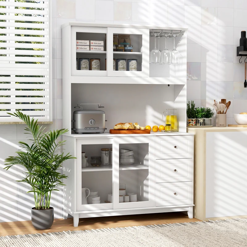 Kitchen Pantry Storage Cabinet With LED Lights, Power Outlet, White