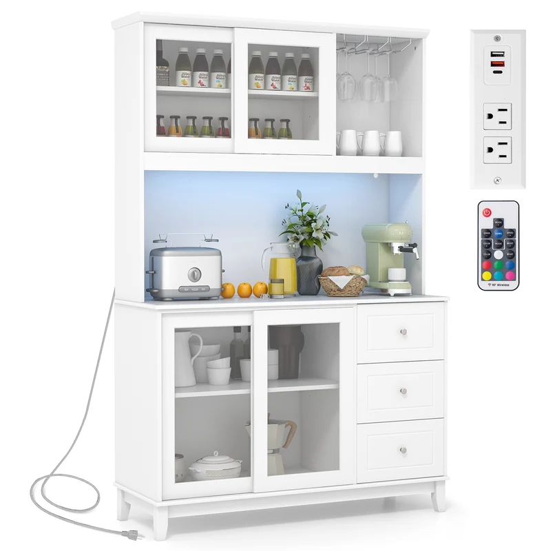 Kitchen Pantry Storage Cabinet With LED Lights, Power Outlet, White