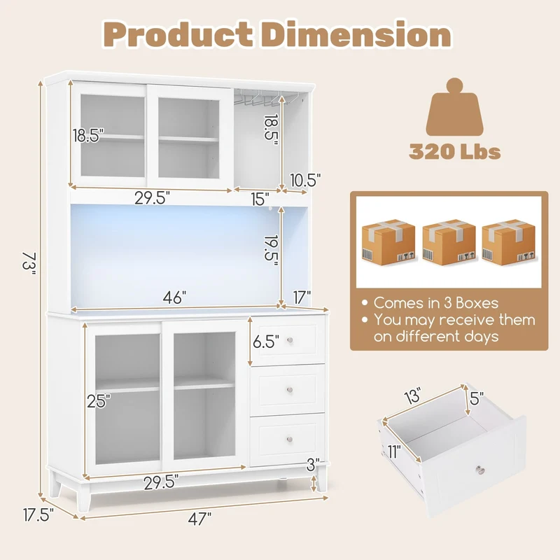 Kitchen Pantry Storage Cabinet With LED Lights, Power Outlet, White