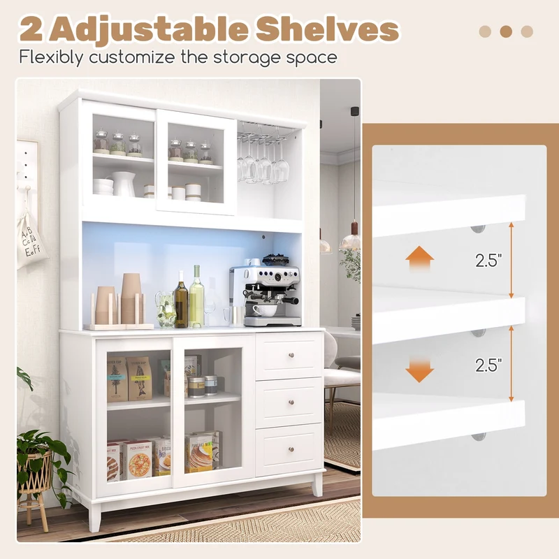 Kitchen Pantry Storage Cabinet With LED Lights, Power Outlet, White