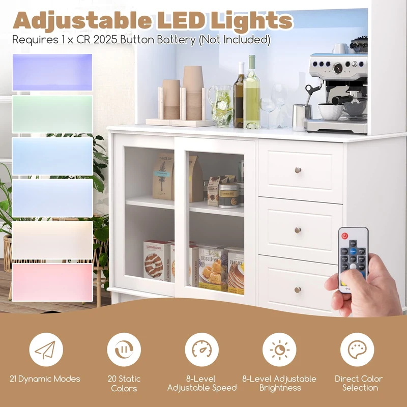 Kitchen Pantry Storage Cabinet With LED Lights, Power Outlet, White