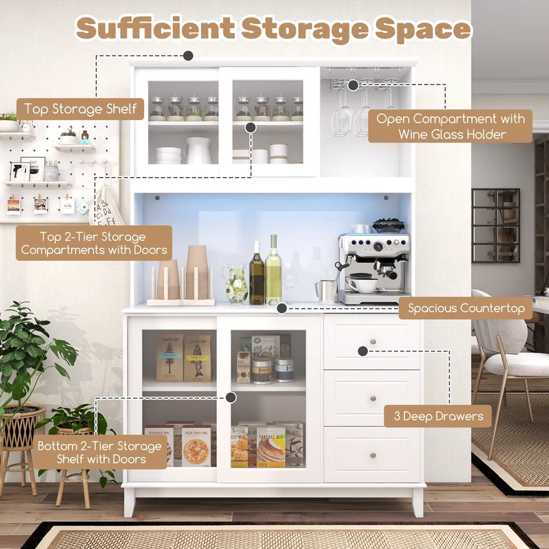 Kitchen Pantry Storage Cabinet With LED Lights, Power Outlet, White