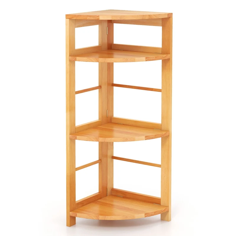 4-Tier Corner Shelf, Rubber Wood Frame, Anti-Toppling Kit, Natural