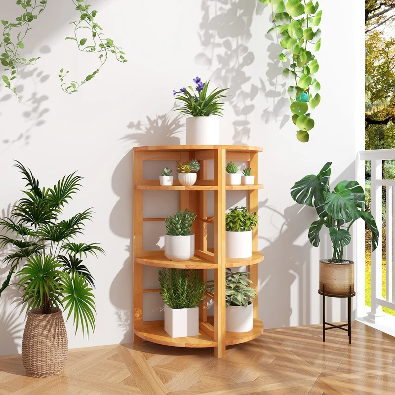 4-Tier Corner Shelf, Rubber Wood Frame, Anti-Toppling Kit, Natural