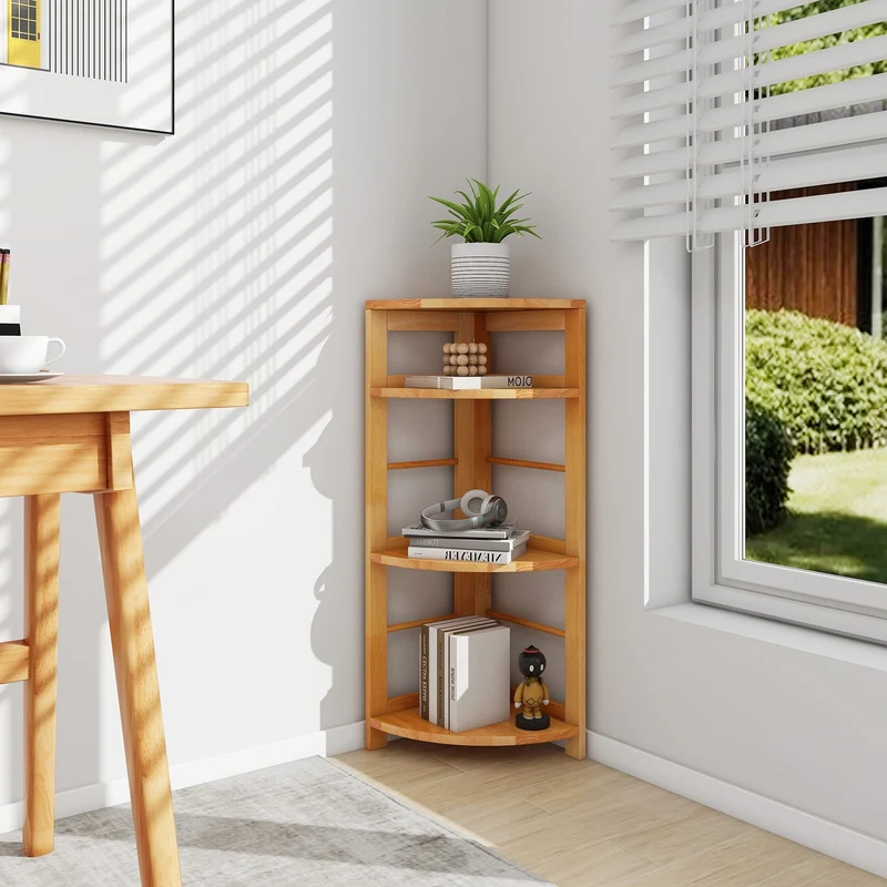 4-Tier Corner Shelf, Rubber Wood Frame, Anti-Toppling Kit, Natural