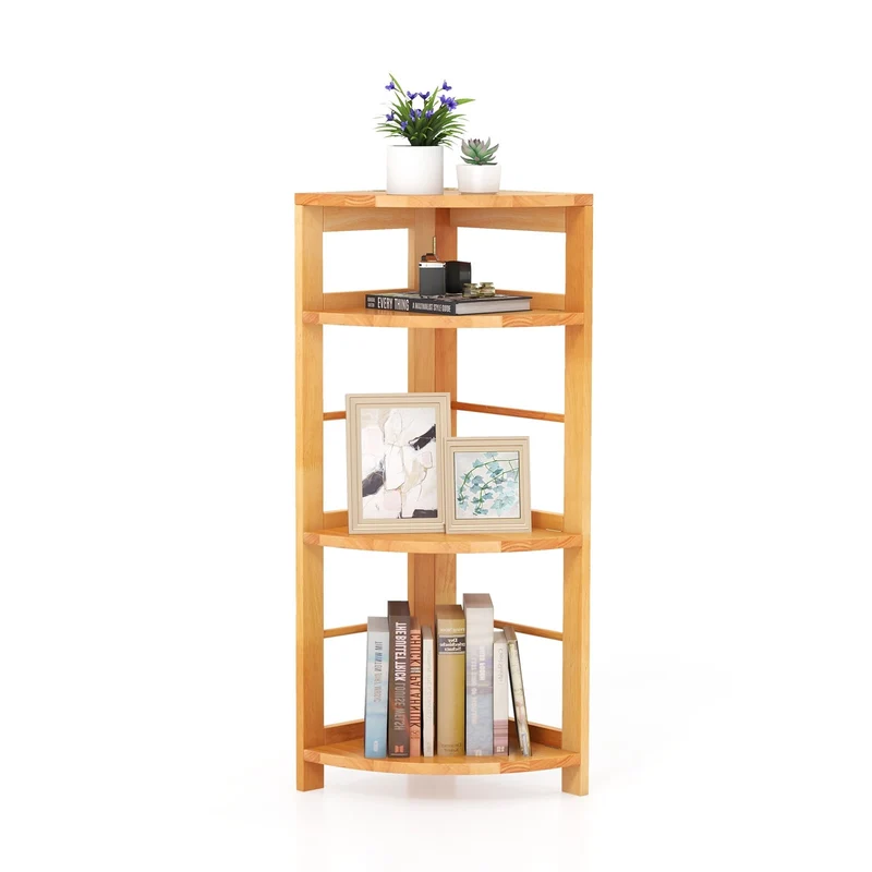 4-Tier Corner Shelf, Rubber Wood Frame, Anti-Toppling Kit, Natural
