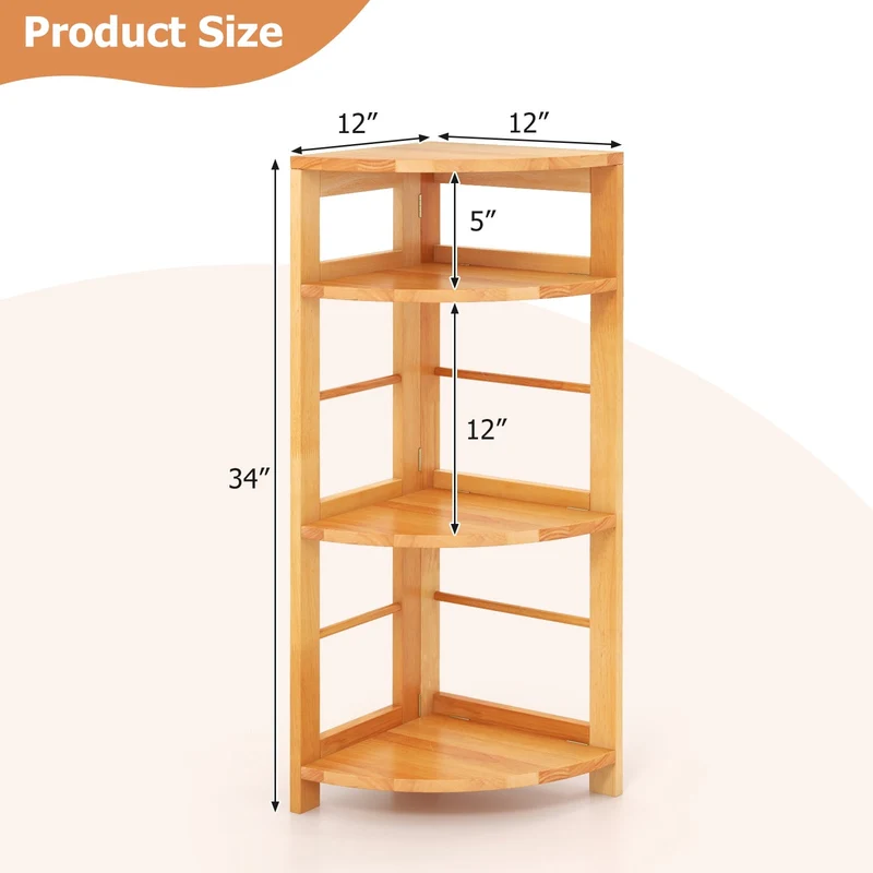 4-Tier Corner Shelf, Rubber Wood Frame, Anti-Toppling Kit, Natural