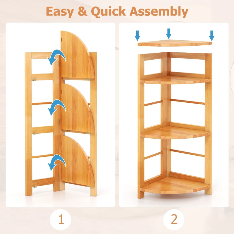 4-Tier Corner Shelf, Rubber Wood Frame, Anti-Toppling Kit, Natural