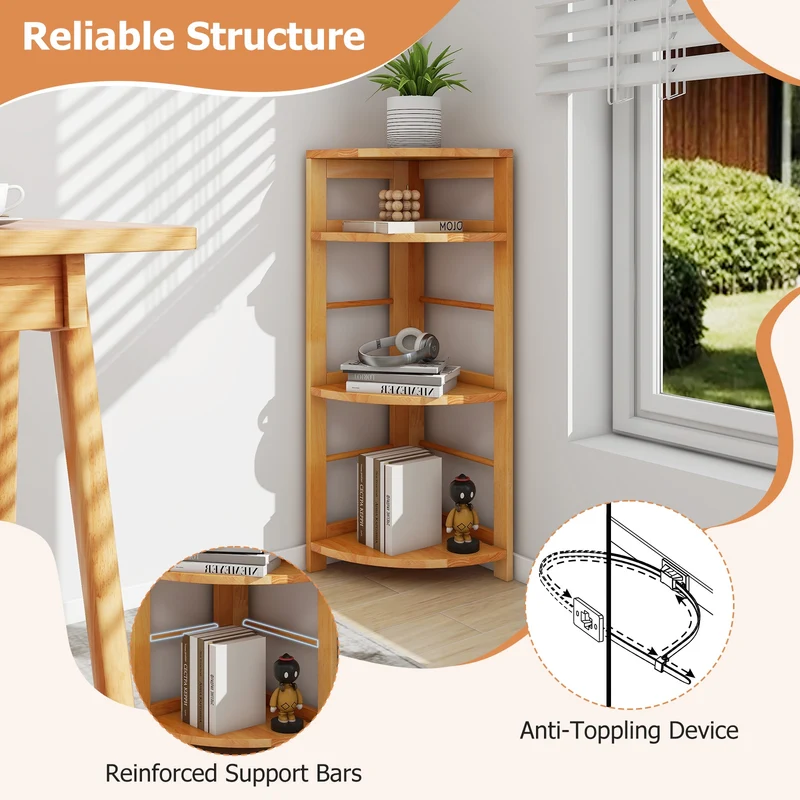 4-Tier Corner Shelf, Rubber Wood Frame, Anti-Toppling Kit, Natural