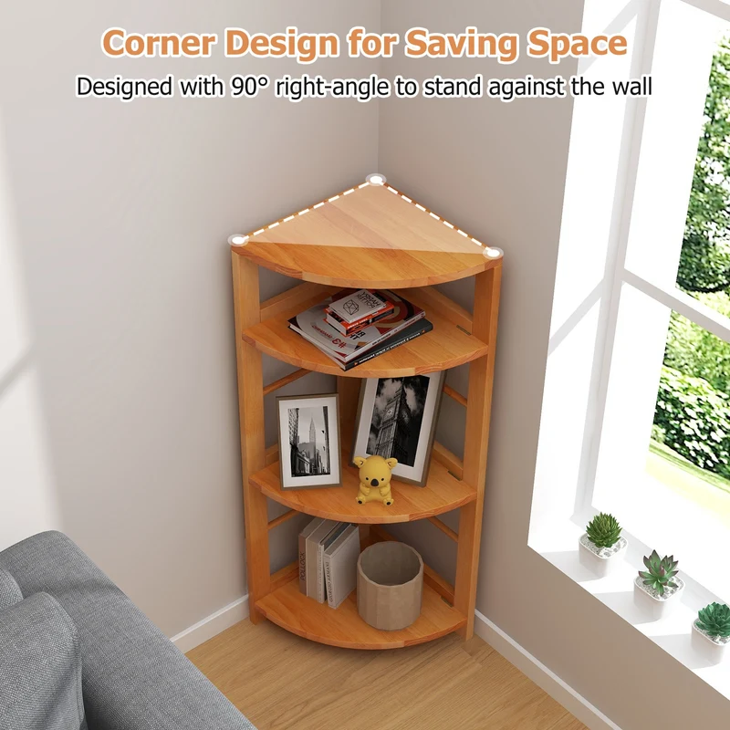 4-Tier Corner Shelf, Rubber Wood Frame, Anti-Toppling Kit, Natural