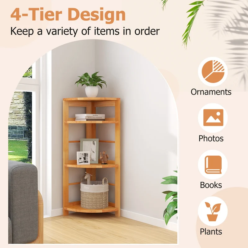 4-Tier Corner Shelf, Rubber Wood Frame, Anti-Toppling Kit, Natural