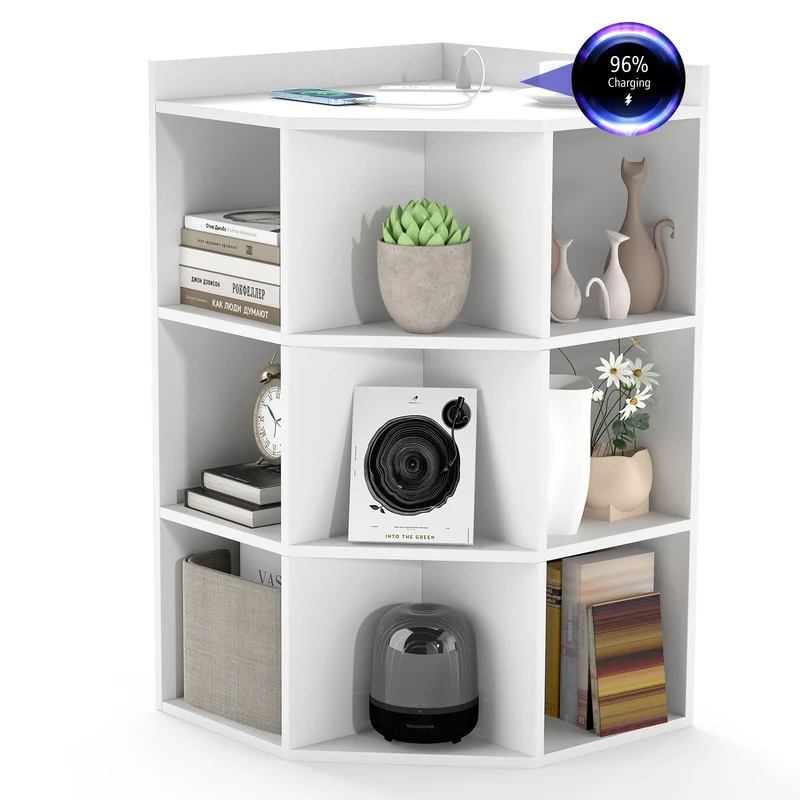 3-Tier Corner Cabinet With Charging Station, White