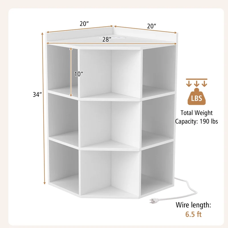 3-Tier Corner Cabinet With Charging Station, White