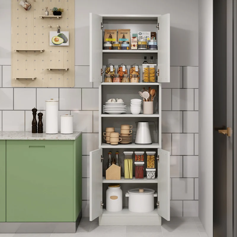 75 Inch Kitchen Pantry Cabinet, Oak, White