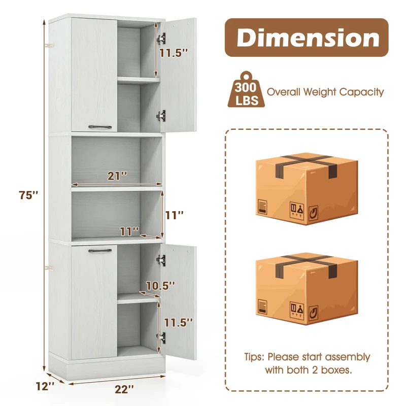 75 Inch Kitchen Pantry Cabinet, Oak, White