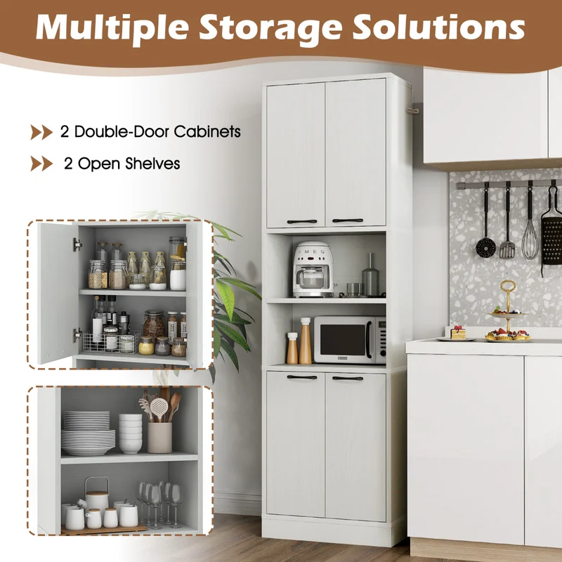 75 Inch Kitchen Pantry Cabinet, Oak, White