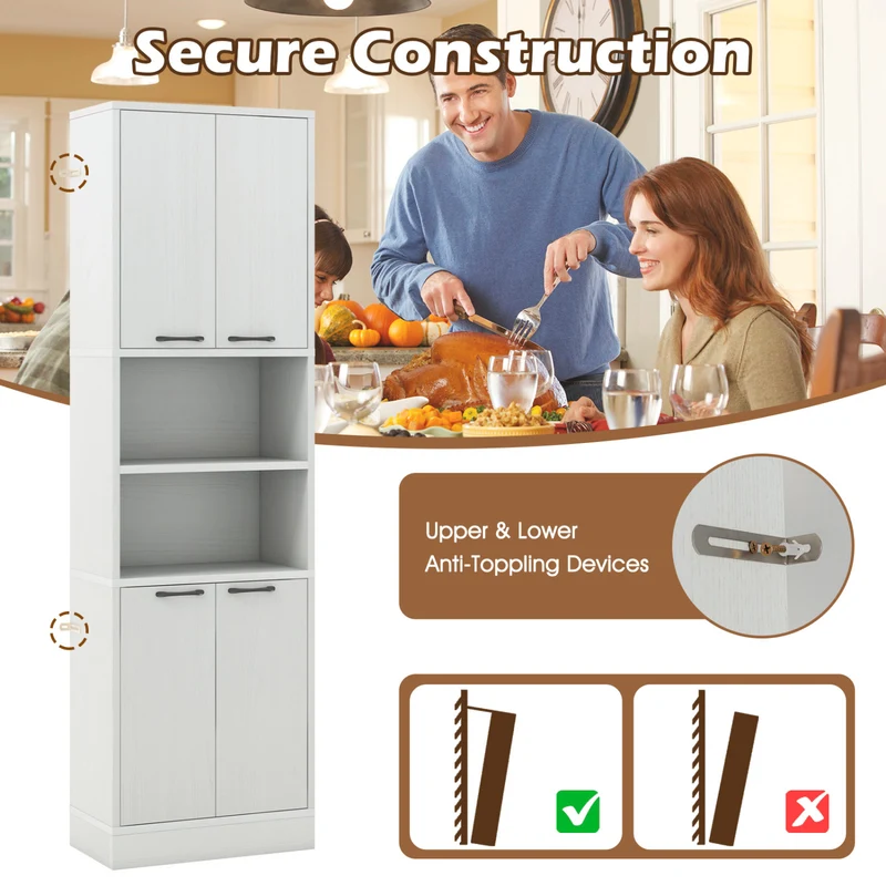 75 Inch Kitchen Pantry Cabinet, Oak, White