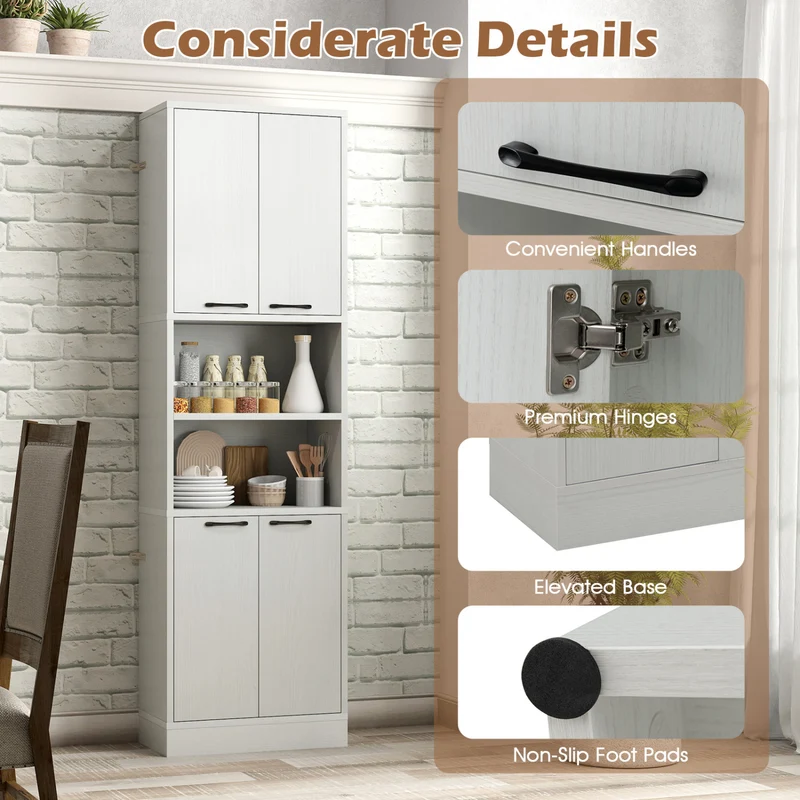 75 Inch Kitchen Pantry Cabinet, Oak, White