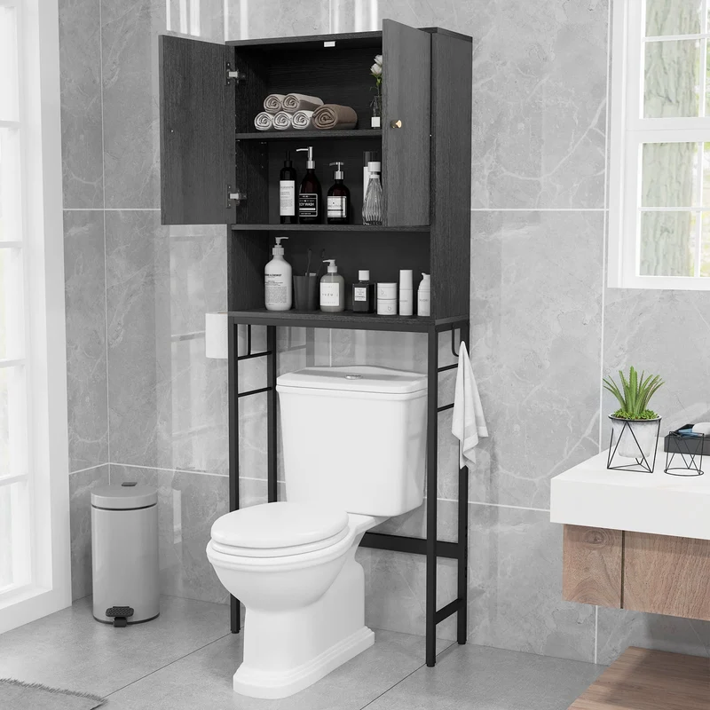 Over The Toilet Storage Cabinet, 2 Doors, Adjustable Shelf, Black