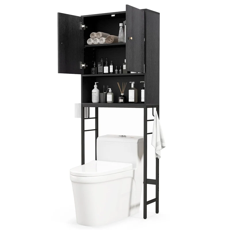 Over The Toilet Storage Cabinet, 2 Doors, Adjustable Shelf, Black